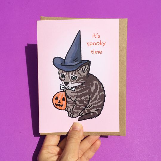 Discover It's Spooky Time Halloween Pumpkin Cute Witch Cat Meme card  - spooky cute cat card, cute funny cat meme card, Halloween meme greeting card