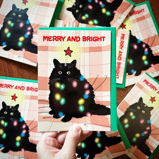 Discover Merry and bright black cat star christmas tree, chonky holidays cat, funny Christmas cat card, cat meme Christmas card, funny holidays card