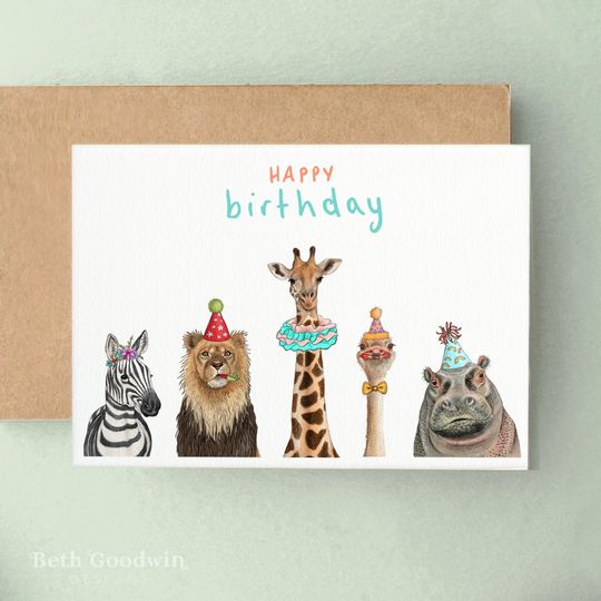 Discover Safari birthday Card, Cute animal card, Party animals card for Children, Zoo Birthday card