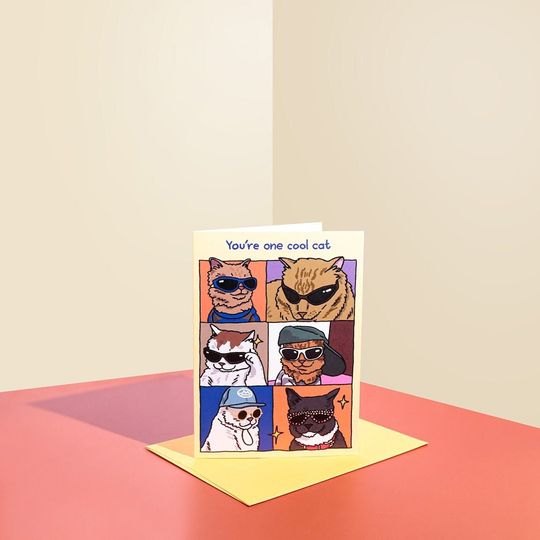 Discover You're One Cool Cat - cat sunglass meme card, meme greeting card, funny cat outfit couple card, coolest couple card, cat couple cuddle card