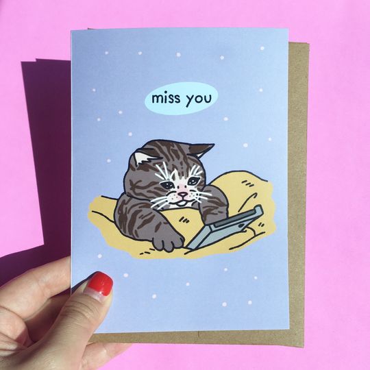 Discover Miss You Sad cat Cellphone Meme card  miss you cat card, sad cat meme card, long distance love cat, long distance relationship cat card