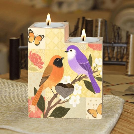 Discover Bright Birds and Orange Flower Candle Holders Gift for Women Wooden Heart Candlestick Personalized Christmas Birthday Graduation Friendship Gifts Home Wedding Dinning Party Decorative