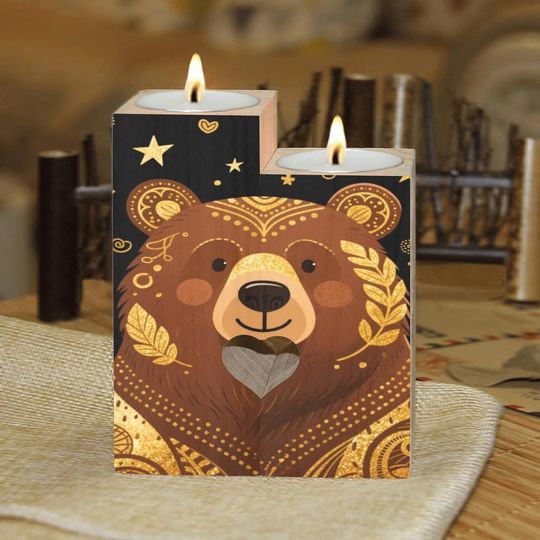 Discover Art Brown Bear Candle Holders Gift for Women Wooden Heart Candlestick Personalized Christmas Birthday Graduation Friendship Gifts Home Wedding Dinning Party Decorative