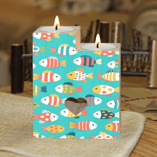 Discover Cartoon Fish On Blue Candle Holders Gift for Women Wooden Heart Candlestick Personalized Christmas Birthday Graduation Friendship Gifts Home Wedding Dinning Party Decorative