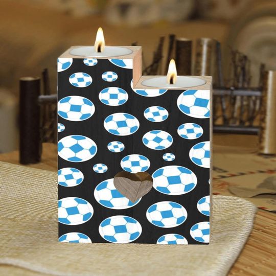 Discover Cartoon Blue Football Candle Holders Gift for Women Wooden Heart Candlestick