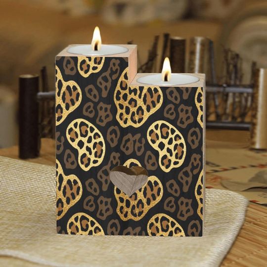 Discover Irregular Leopard Print Pattern Candle Holders Gift for Women Wooden Heart Candlestick
