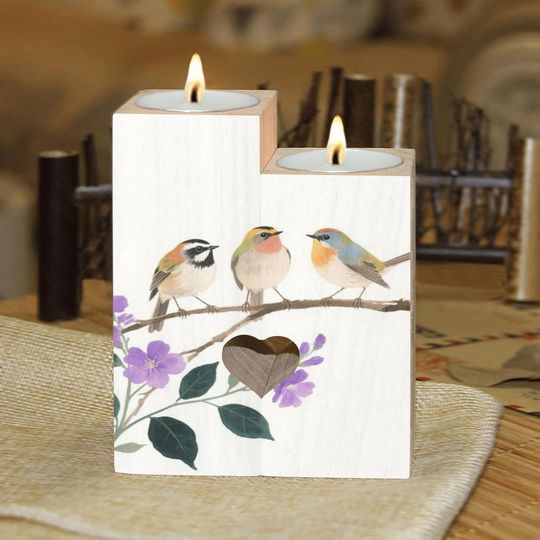 Discover Watercolor Three Birds Candle Holders Gift for Women Wooden Heart Candlestick
