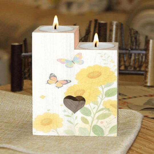Discover Light Yellow Sunflowers Candle Holders Gift for Women Wooden Heart Candlestick