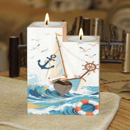 Discover Sails and Blue Sea Candle Holders Gift for Women Wooden Heart Candlestick