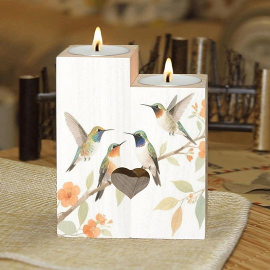 Discover Dancing Hummingbirds and Flower Candle Holders Gift for Women Wooden Heart Candlestick