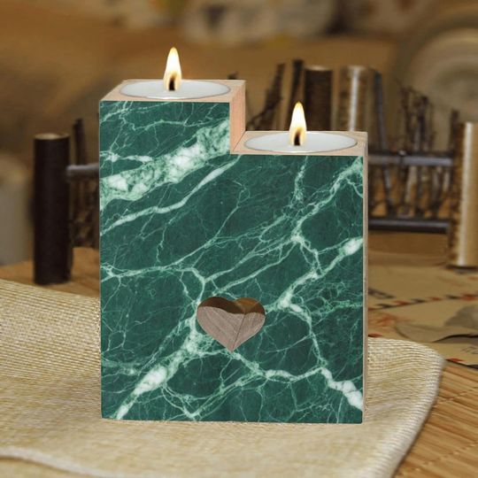 Discover Exquisite Dark Green Marble Candle Holders Gift for Women Wooden Heart Candlestick