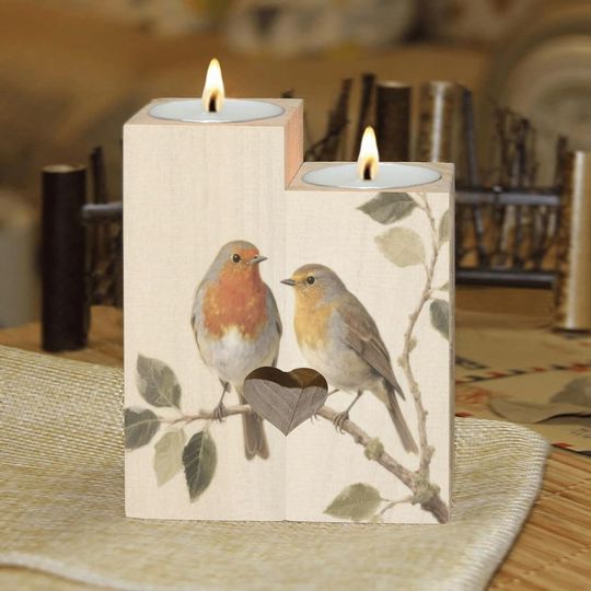 Discover Watercolor Two Birds Candle Holders Gift for Women Wooden Heart Candlestick