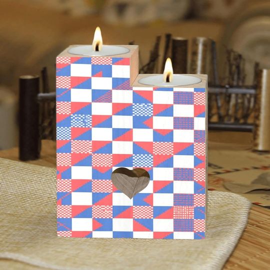 Discover Red and Blue Checkered Candle Holders Gift for Women Wooden Heart Candlestick