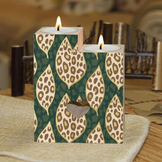 Discover Vector Brown Leopard Pattern Candle Holders Gift for Women Wooden Heart Candlestick