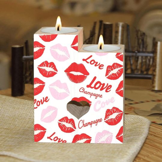 Discover Retro Red Lips Candle Holders Gift for Women Wooden Heart Candlestick