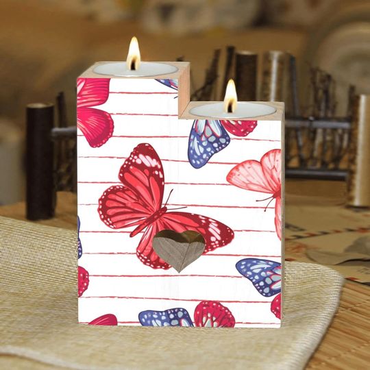 Discover Red and Blue Butterflies Candle Holders Wooden Heart Candle Holder