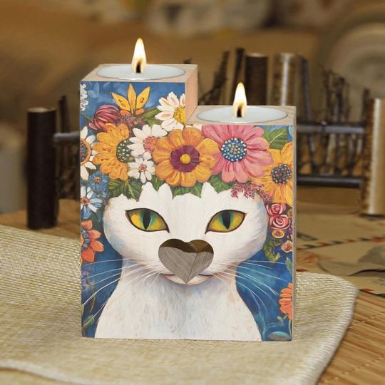 Discover White Cat Colorful Flowers Pattern Candle Holders Wooden Heart Candle Holder for Home Decorative, Wedding, Dinning, Party
