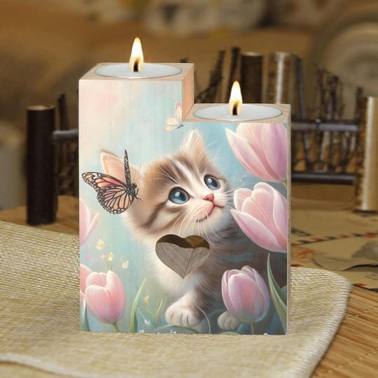 Discover Cute Cat and Tulips Pattern Candle Holders Wooden Heart Candle Holder for Home Decorative, Wedding, Dinning, Party
