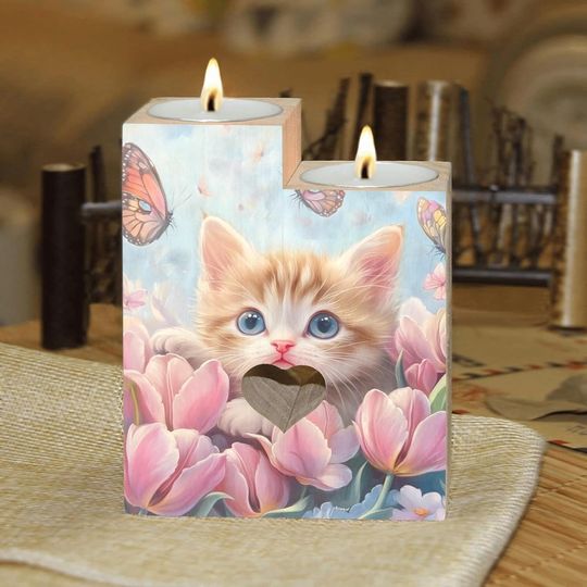 Discover Cute Cat Tulips and Butterfly Pattern Candle Holders Wooden Heart Candle Holder for Home Decorative, Wedding, Dinning, Party