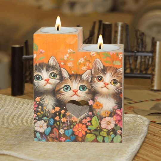 Discover Cat on Orange Background Candle Holders Wooden Heart Candle Holder for Home Decorative, Wedding, Dinning, Party