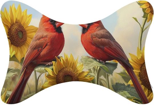 Discover Two Red Birds Perched on Sunflowers Neck Bone Pillows