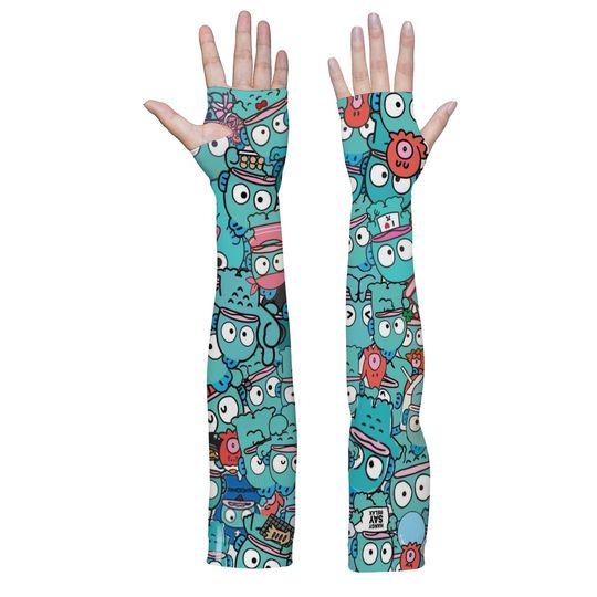 Discover Novel Ugly Fish Soft Cartoon Print Arm Sleeves - Light Blue-Green Breathable UV Protection for Daily & Outdoor Adventures