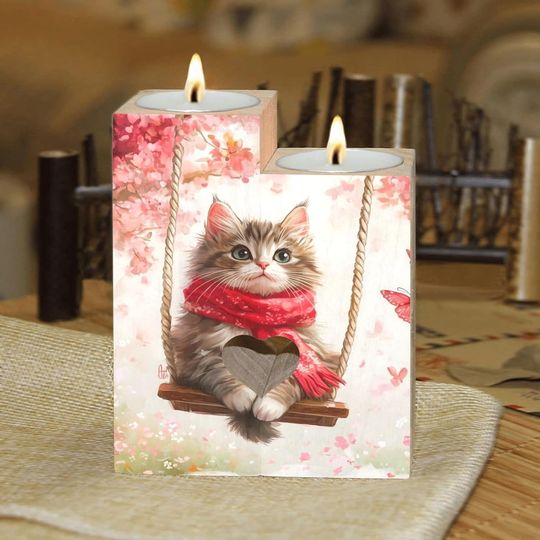 Discover Cat Wearing Red Scarf Candle Holders Wooden Heart Candle Holder