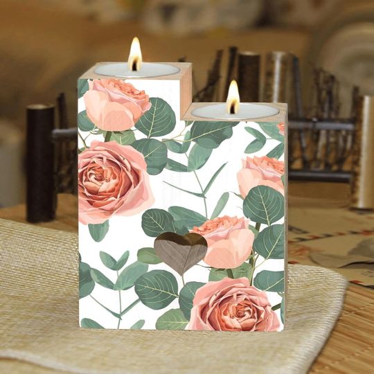 Discover Roses Flowers and Eucalyptus Leaves Candle Holders Wooden Heart Candle Holder