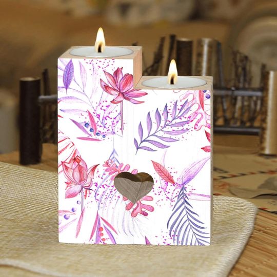 Discover Pink Lotus and Tropical Leaves Candle Holders Wooden Heart Candle Holder