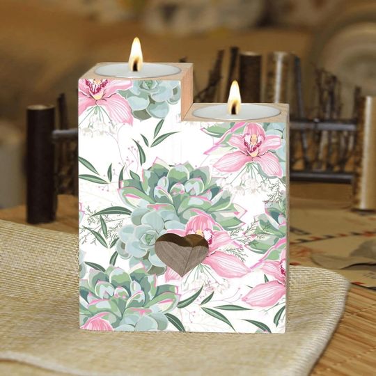 Discover Orchid and Green Pink Succulent Candle Holders Wooden Heart Candle Holder