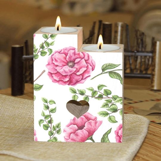 Discover Romantic Watercolor Pink Flowers Candle Holders Wooden Heart Candle Holder