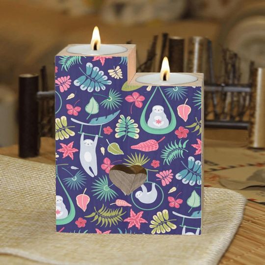 Discover Sloths and Tropical Foliage and Flowers Candle Holders Wooden Heart Candle Holder