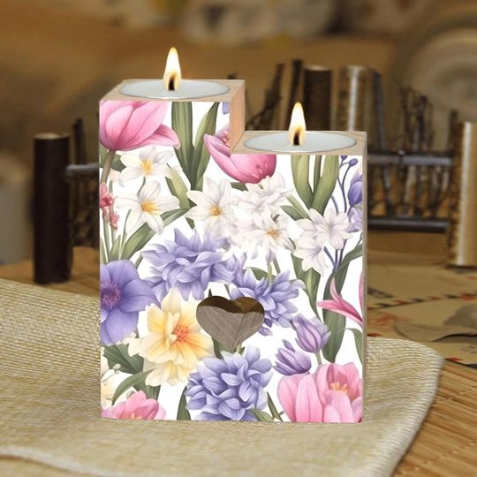 Discover Watercolor Beautiful Spring Flowers Candle Holders Wooden Heart Candle Holder