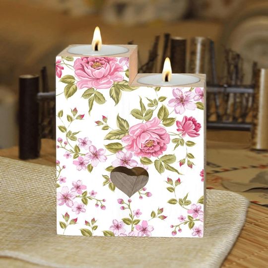 Discover Luxurious Color Peony Pattern Candle Holders Wooden Heart Candle Holder