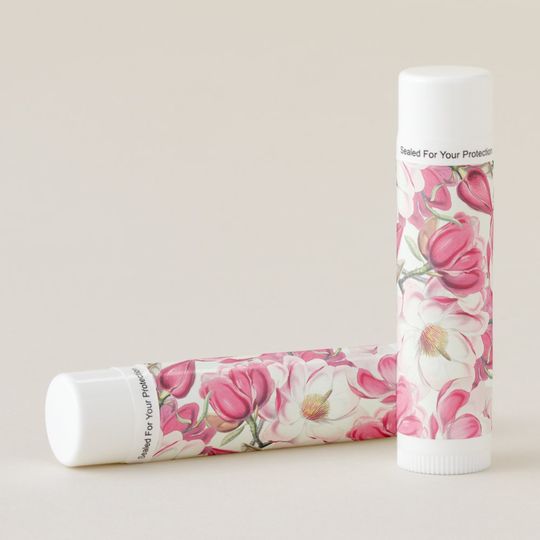 Discover Watercolor Pink Magnolia Flowers Pattern Lip Balm