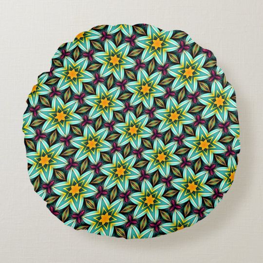 Discover Green Stars Floral Pattern Round Pillow