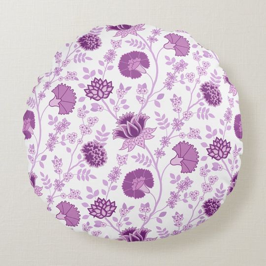 Discover Jacobean Floral Pattern Pinks on White Round Pillow