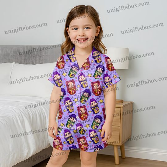 Discover K-pop Demon Hunters Silk Pajamas for Kids, Kpop Merch Gift Rumi Satin Pjs, Huntrix Rumi Mira Zoey Cosplay, Huntrix Girls Eating Ramyeon