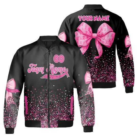 Discover Personalized Pink Bow Faux Glitter Breast Cancer Awareness Bomber Jacket