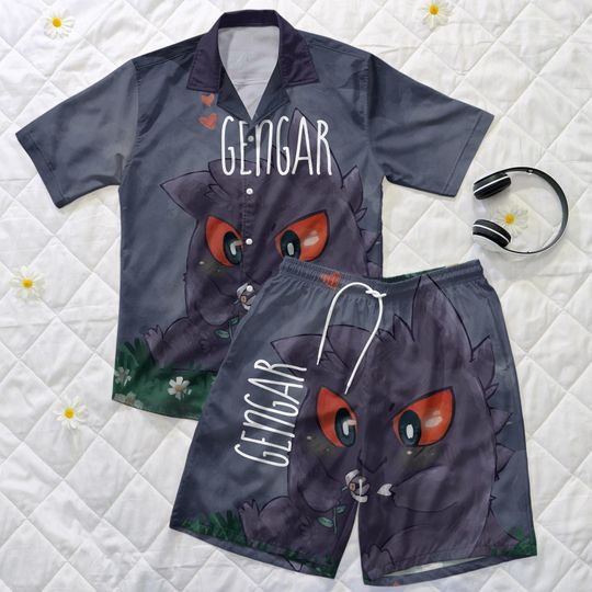 Discover Gengar Hawaiian Shirt and Shorts Set, Cute Anime Summer Outfit, Unisex Button Up Shirt, Funny Matching Set, Gift for Anime Lovers