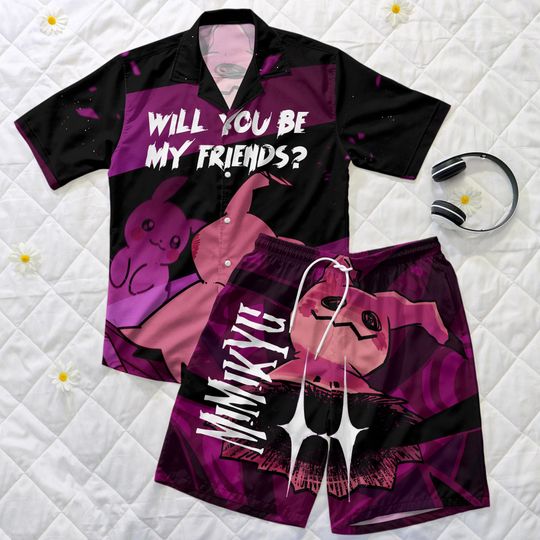 Discover Mimikyu Hawaiian Shirt and Shorts Set, Unisex Anime Summer Outfit, Funny Button Up Shirt, Beach Matching Set, Gift for Anime Fans