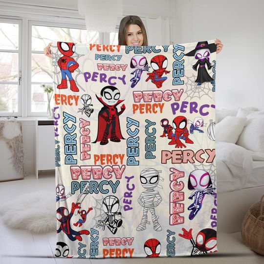 Discover Spidey And His Amazing Friends Halloween Blanket, spider-man Blanket, Cartoon Spidey Blanket Anniversary, Custom Name Baby Blanket UN1M10