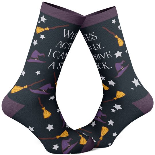 Discover Why Yes Actually I Can Drive A Stick Halloween Socks, Funny Witch Socks