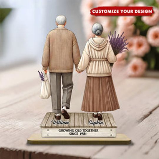Discover Old Couple Holding Hands Walking - Personalized Standing Wooden Plaque