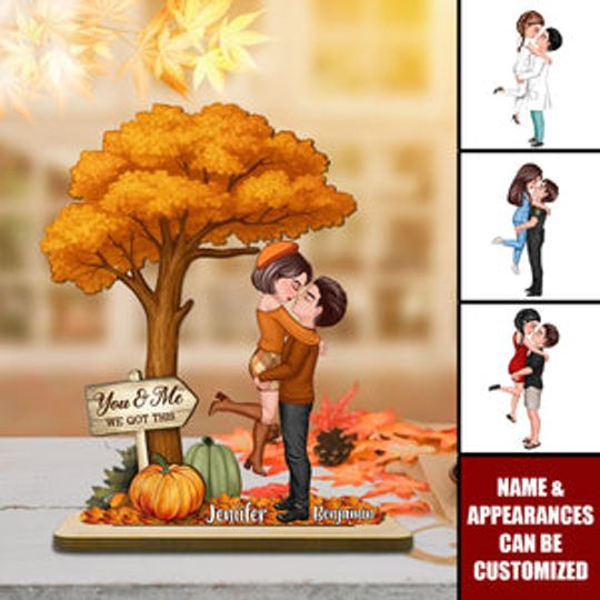 Discover Fall Season Couple Hugging Kissing Under Tree Personalized Standing Wooden Plaque