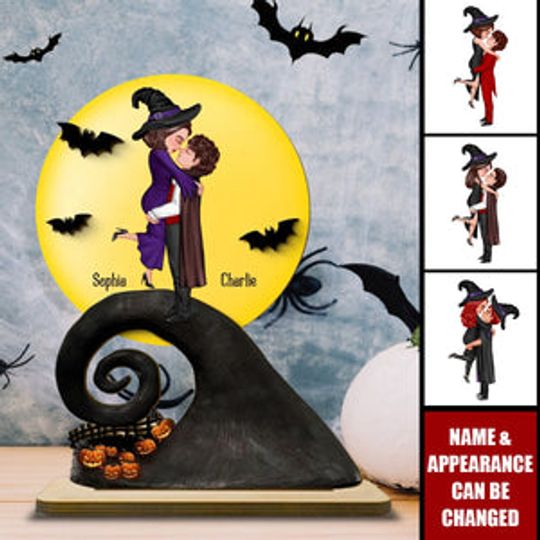 Discover Halloween Couple Hugging Kissing On Cliff Personalized 2-Layer Standing Wooden Plaque
