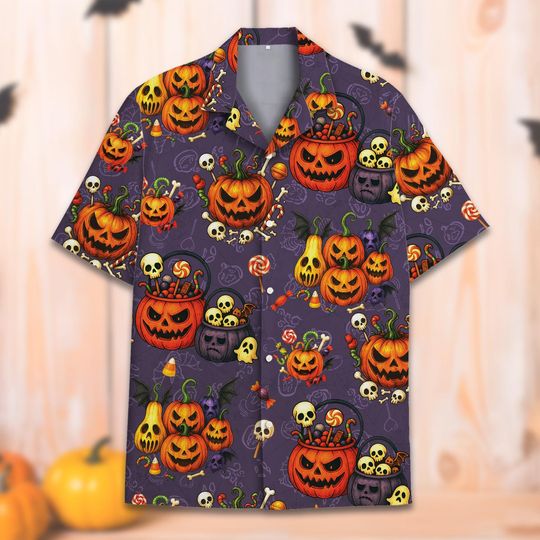 Discover Halloween Candy Pumpkin Shirt for Men, Spooky Skulls and Treats Hawaiian Shirt