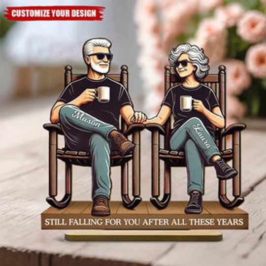 Discover Old Couple Sitting On Front Porch - Personalized Standing Wooden Plaque
