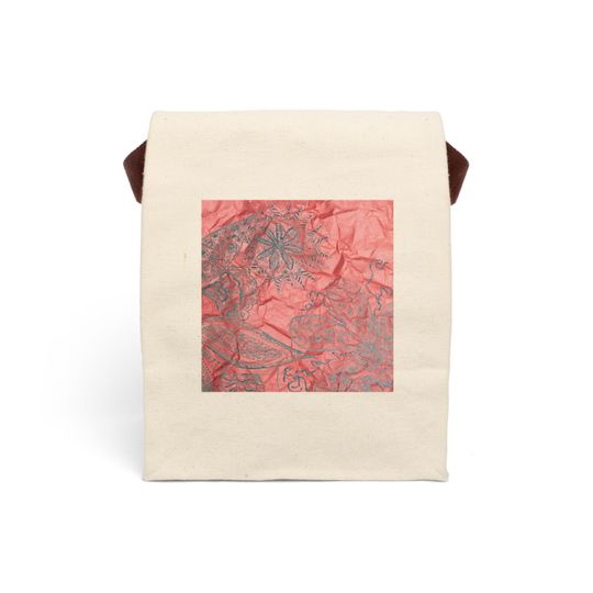 Discover Canvas Lunch Bag with Strap - Hand Drawn Pen and Ink Art on Red Background - Eco-Friendly Meal Tote, Back to School, Picnics, Reusable