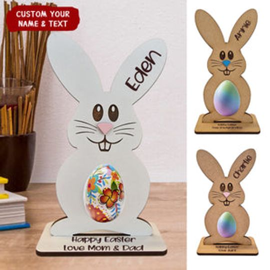 Discover Bunny Holding Easter Egg Personlized Wooden Holder, Easter Gift For Kids Grandkids